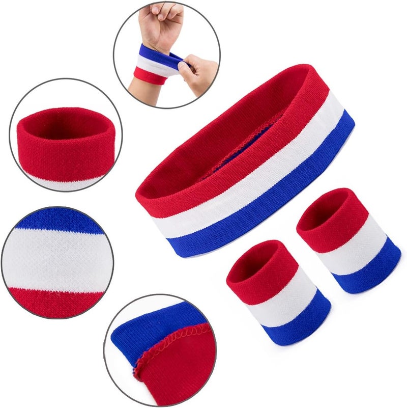 BEFORYOU Striped Sweatbands Set, Sports Headband and Wristbands Sweatbands Colorful Cotton Striped Sweatband Set American Flag Style for Men and Women - Image 3